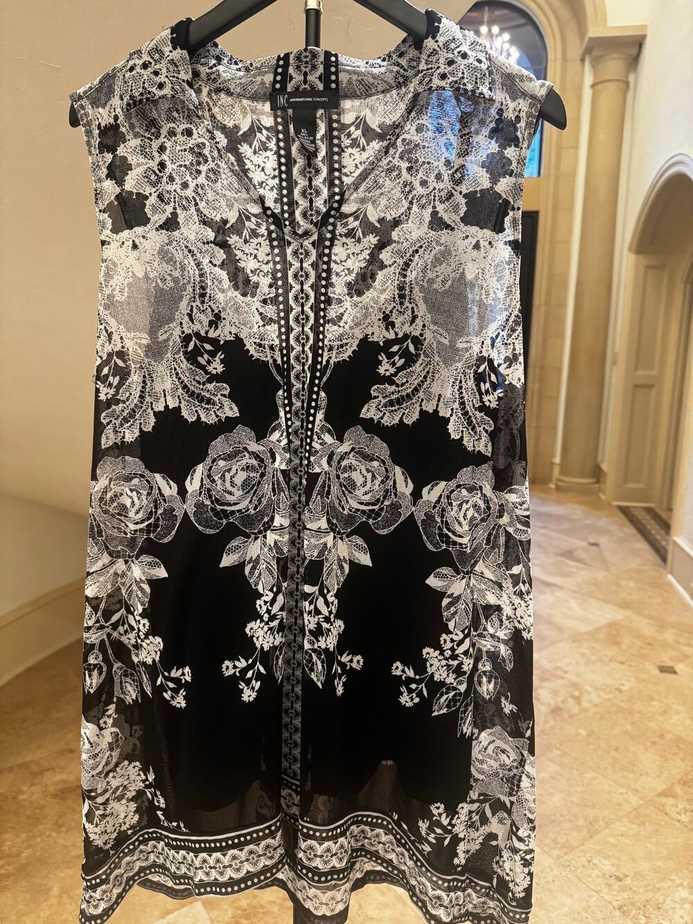 INC International Concepts black & white sleeveless mesh overlay tunic w cami